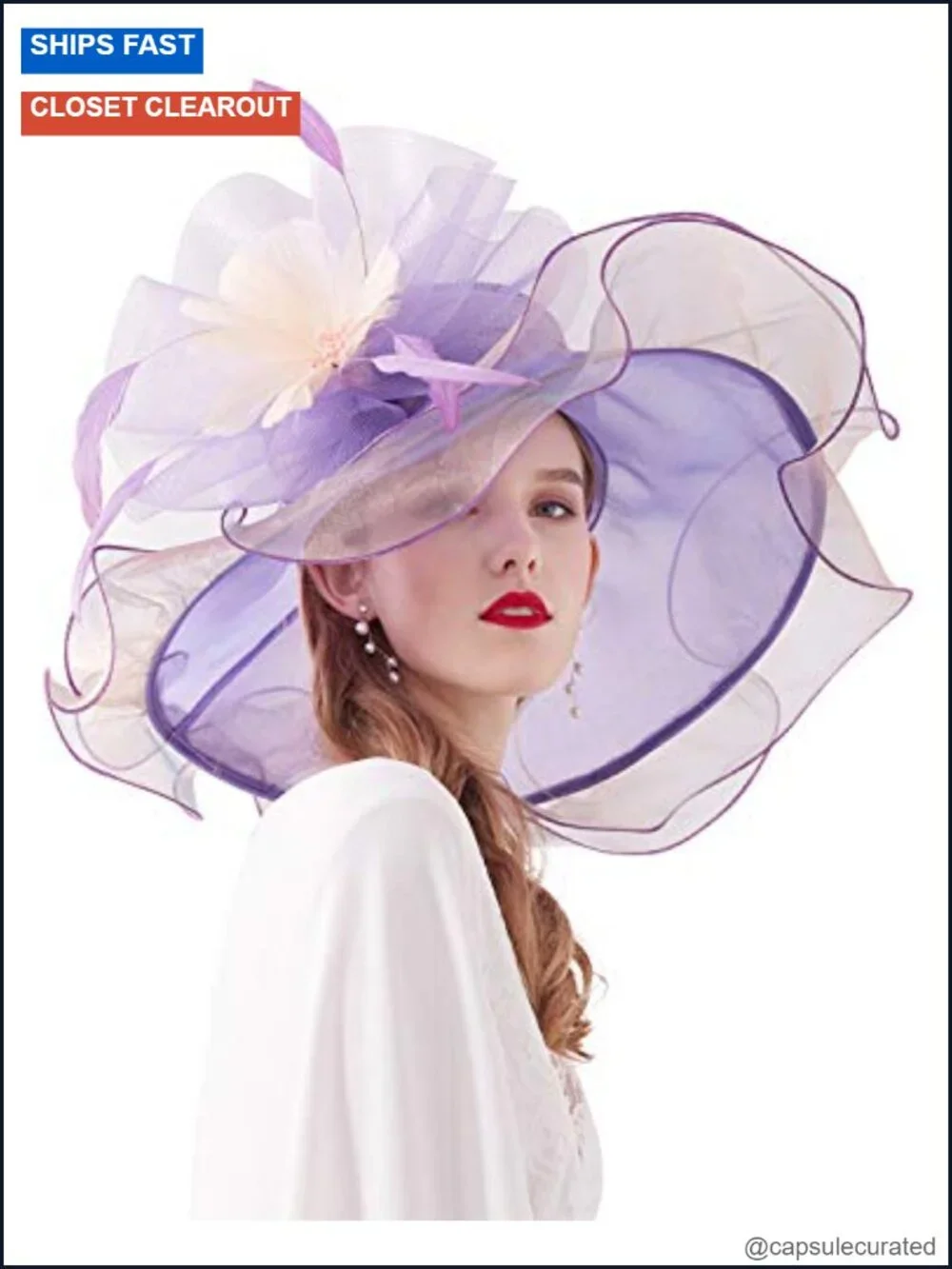 Wide Brim Organza Derby Hat Removable Flower Fascinator for Wedding Tea Party